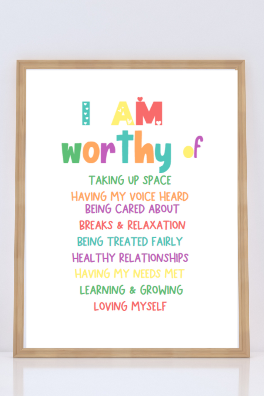 We believe that your child is worthy, and deserves to know how worthy they truly are. This charming kid's affirmation printable is an empowering and adorable addition to any playroom, classroom, or kid's room.  Your child is far beyond worthy.